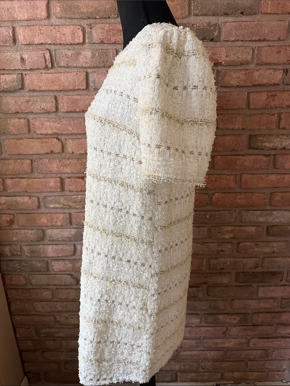 Cream Textured Short Sleeve Mini Dress with Metallic Detail - Picture 6 of 13
